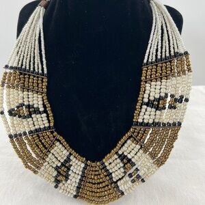 Statement Collar necklace multi strand black, gold, white seed pearls.Vintage